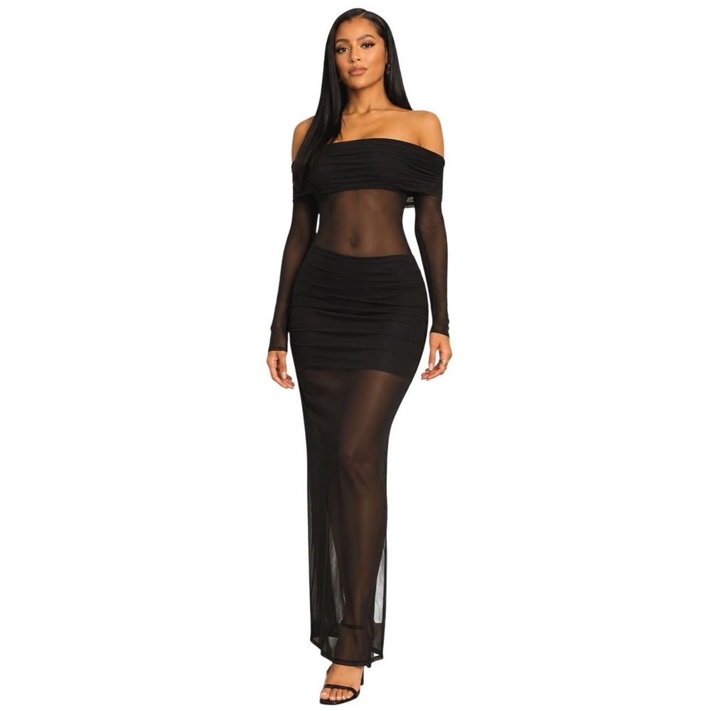 Lovers and Friends Fio Maxi Dress L Black Mesh Off Shoulder Homecoming Prom HOCO